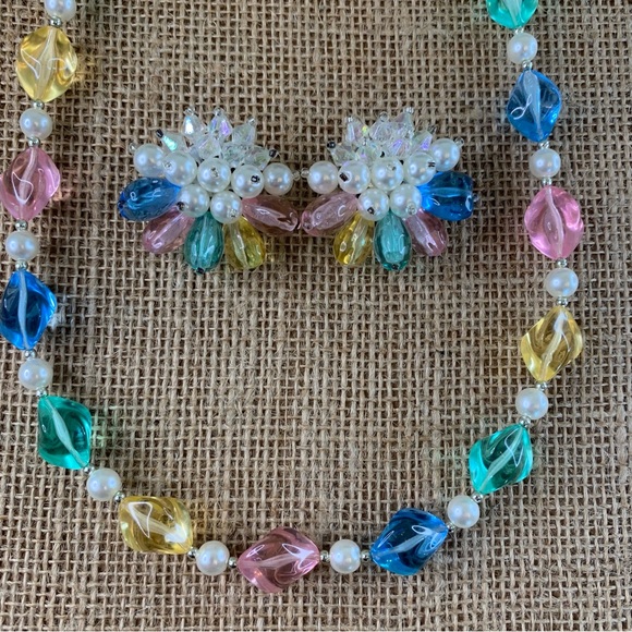 Vintage Colorful Beaded Faux Pearl Necklace & Bead Cluster Pierced Earrings 25" - Picture 10 of 16